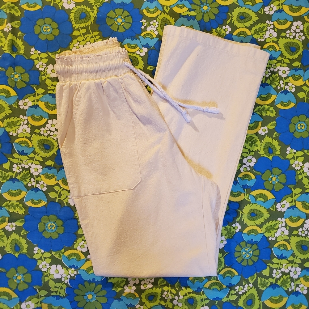 Womens Casual Drawstring Pants w/ Pockets - cream